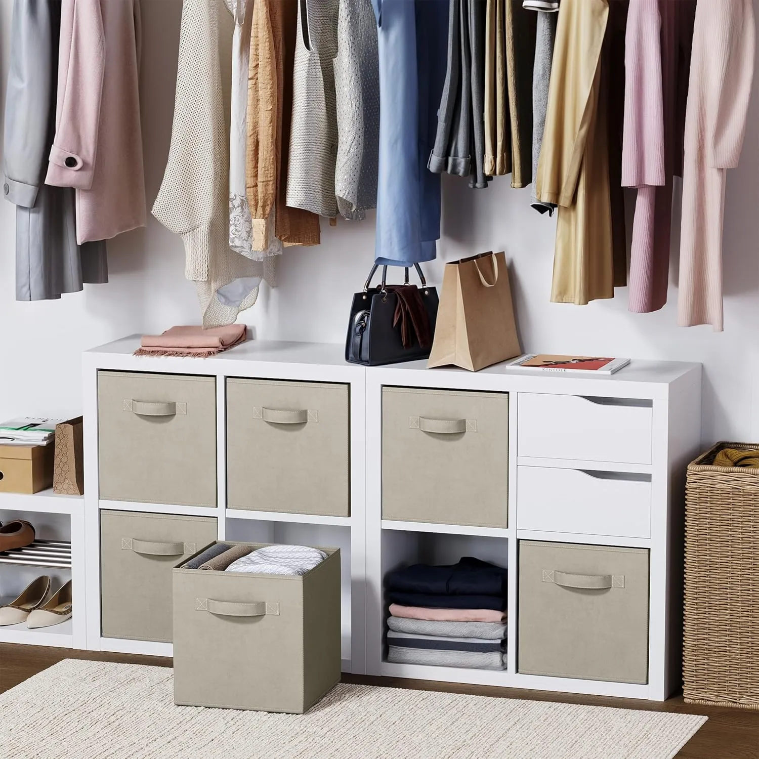 Set of 8 Foldable Fabric Storage Cube Bins | Collapsible Cloth Organizer Baskets Containers | Folding Nursery Closet Drawer | Features Dual Handles | More Beautiful Colors Available (Off White)