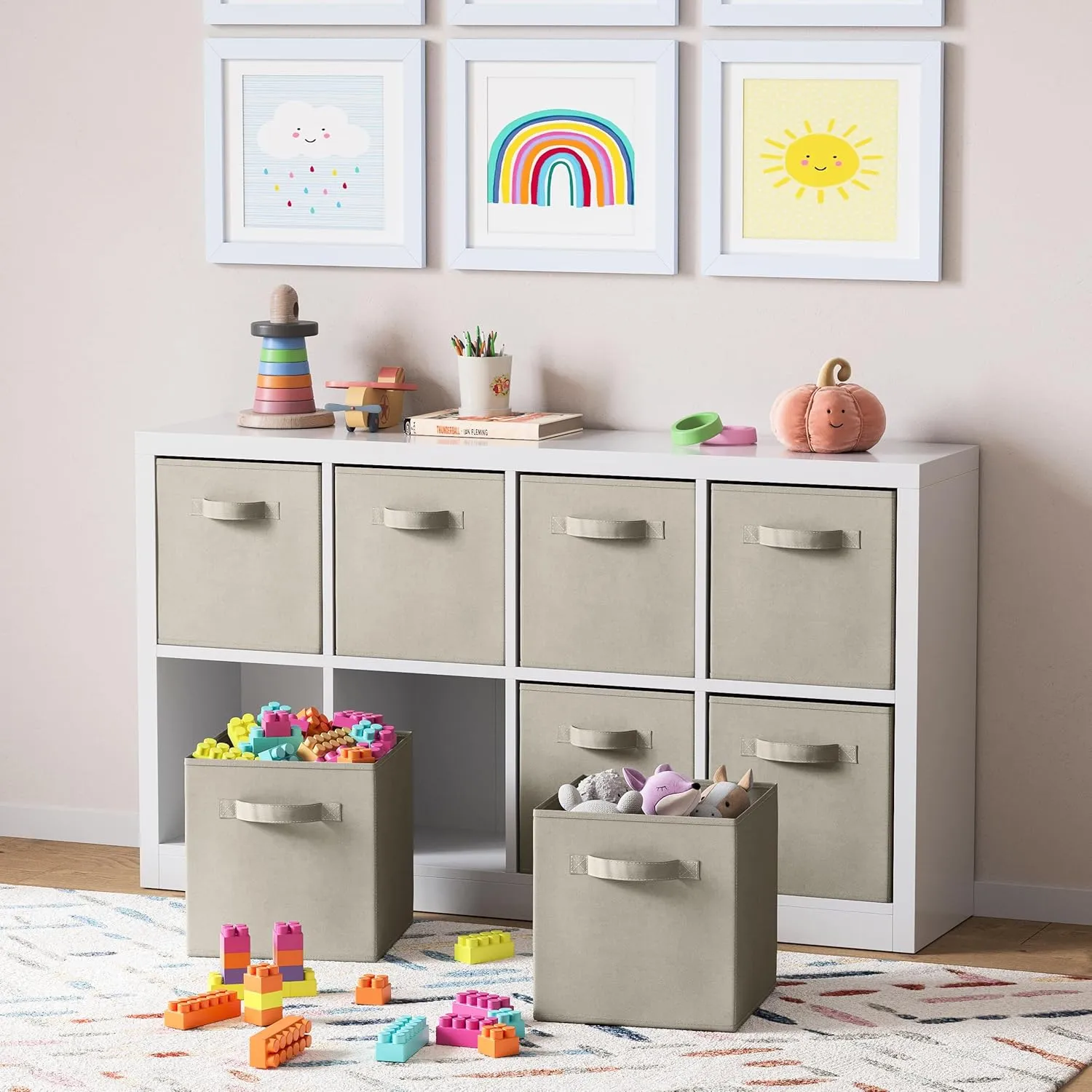 Set of 8 Foldable Fabric Storage Cube Bins | Collapsible Cloth Organizer Baskets Containers | Folding Nursery Closet Drawer | Features Dual Handles | More Beautiful Colors Available (Off White)