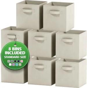 Set of 8 Foldable Fabric Storage Cube Bins | Collapsible Cloth Organizer Baskets Containers | Folding Nursery Closet Drawer | Features Dual Handles | More Beautiful Colors Available (Off White)