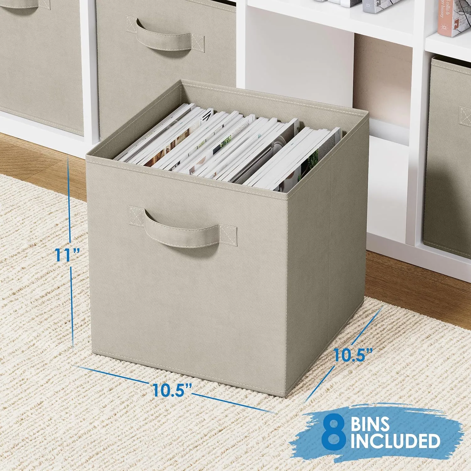 Set of 8 Foldable Fabric Storage Cube Bins | Collapsible Cloth Organizer Baskets Containers | Folding Nursery Closet Drawer | Features Dual Handles | More Beautiful Colors Available (Off White)