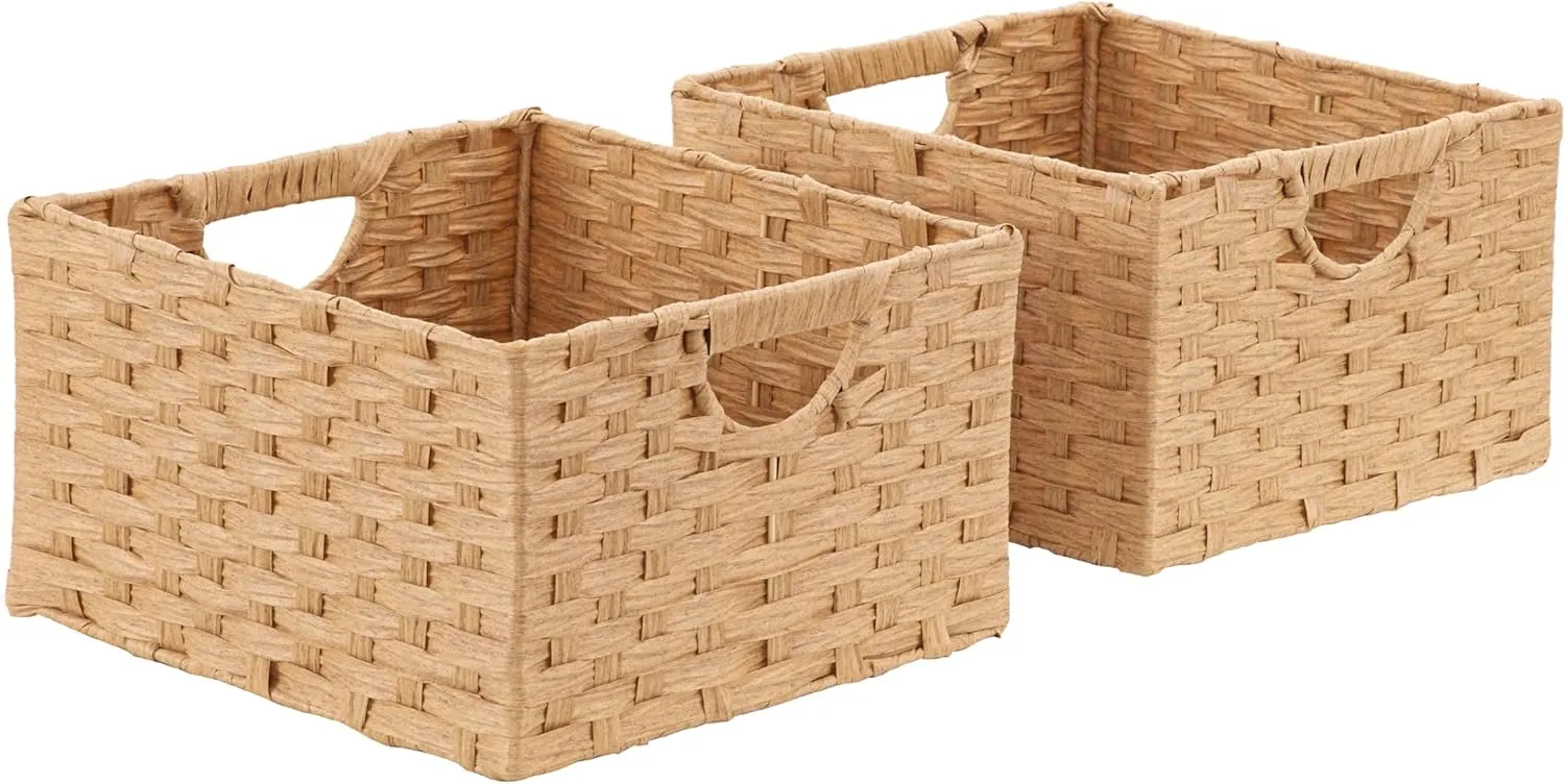 Seville Classics Premium Handwoven Portable Laundry Bin Basket with Carrying Handles, Household Storage for Clothes, Linens, Sheets, Tan, Rectangular (2-Pack)