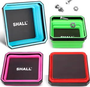 SHALL New Version Collapsible Magnetic Parts Tray Set, 4-Pack Magnetic Tool Trays for Screw Bolts Nuts Washers Pins & Small Metal Parts, 4.5” Square Silicone Foldable Bowls w/Dual-Sided Magnetic Base