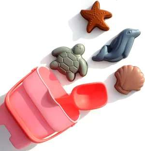Silicone Beach Toy for Kids – Travel Friendly Sand Toy - Building Sand Castles with Collapsible Sand Bucket, Rounded Shovel and 4 Sea Creature Sand Molds for Kids Age 3 