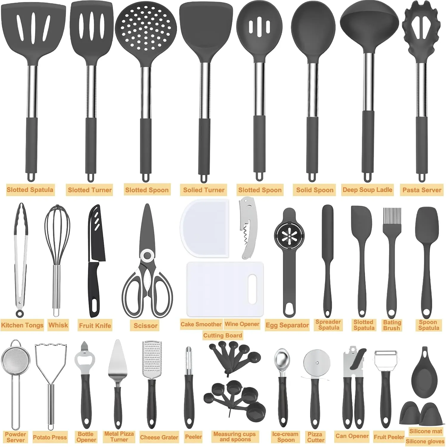 Silicone Cooking Utensil Set, Umite Chef 43 PCS Heat Resistant Kitchen Utensil Gadgets Set-Stainless Steel Handle- Kitchen Spatula Tools for Nonstick Cookware, Pots and Pans Accessories(Grey)