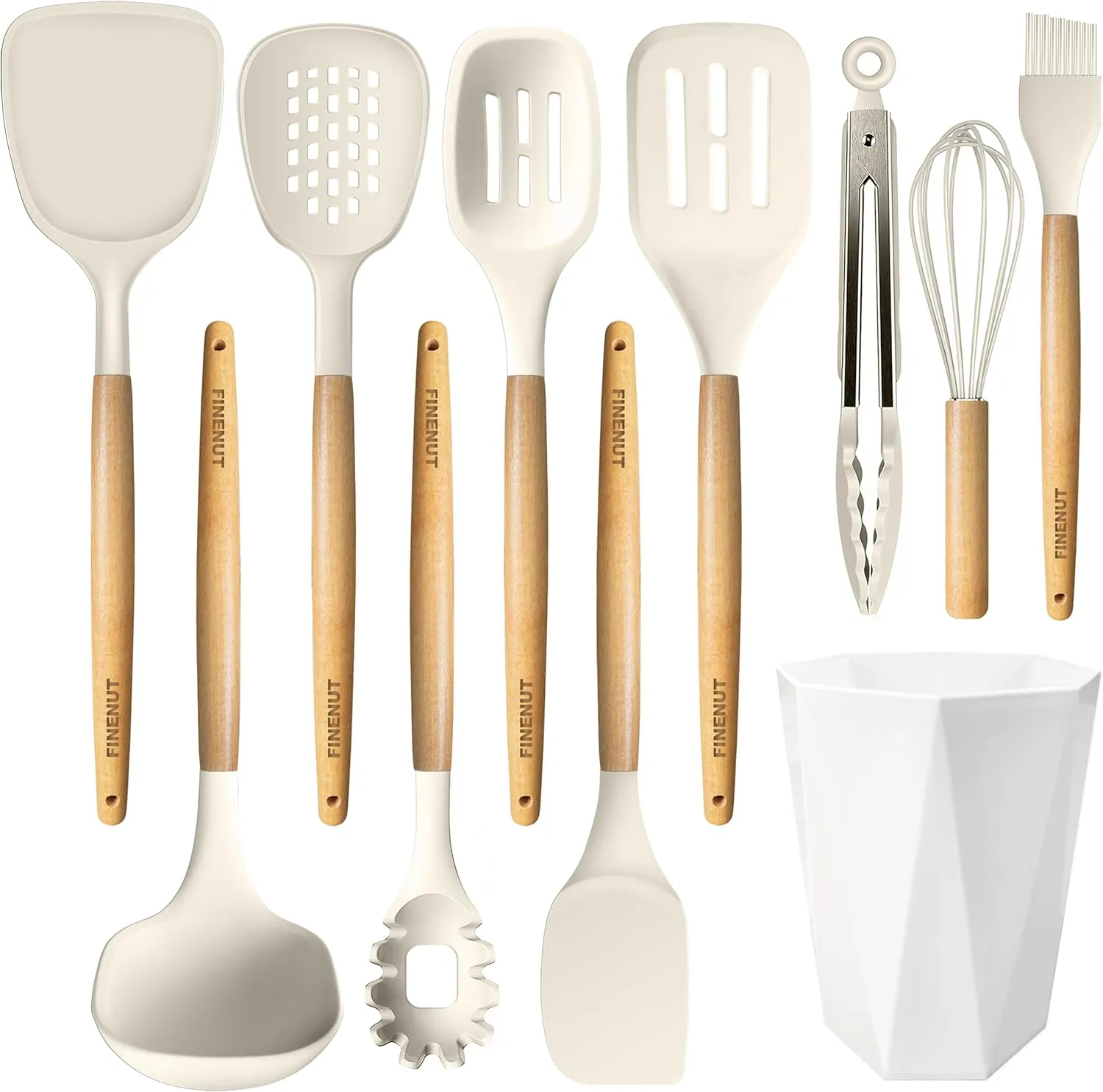 Silicone Cooking Utensils Set 11PCS - BPA-Free & Non-Toxic 446°F Heat Resistant, Wooden Handle Kitchen Tools for Nonstick Cookware, Heat Resistant & Scratch-Proof Includes Spatula/Turner/Ladle (White)