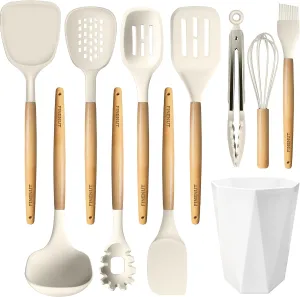 Silicone Cooking Utensils Set 11PCS - BPA-Free & Non-Toxic 446°F Heat Resistant, Wooden Handle Kitchen Tools for Nonstick Cookware, Heat Resistant & Scratch-Proof Includes Spatula/Turner/Ladle (White)