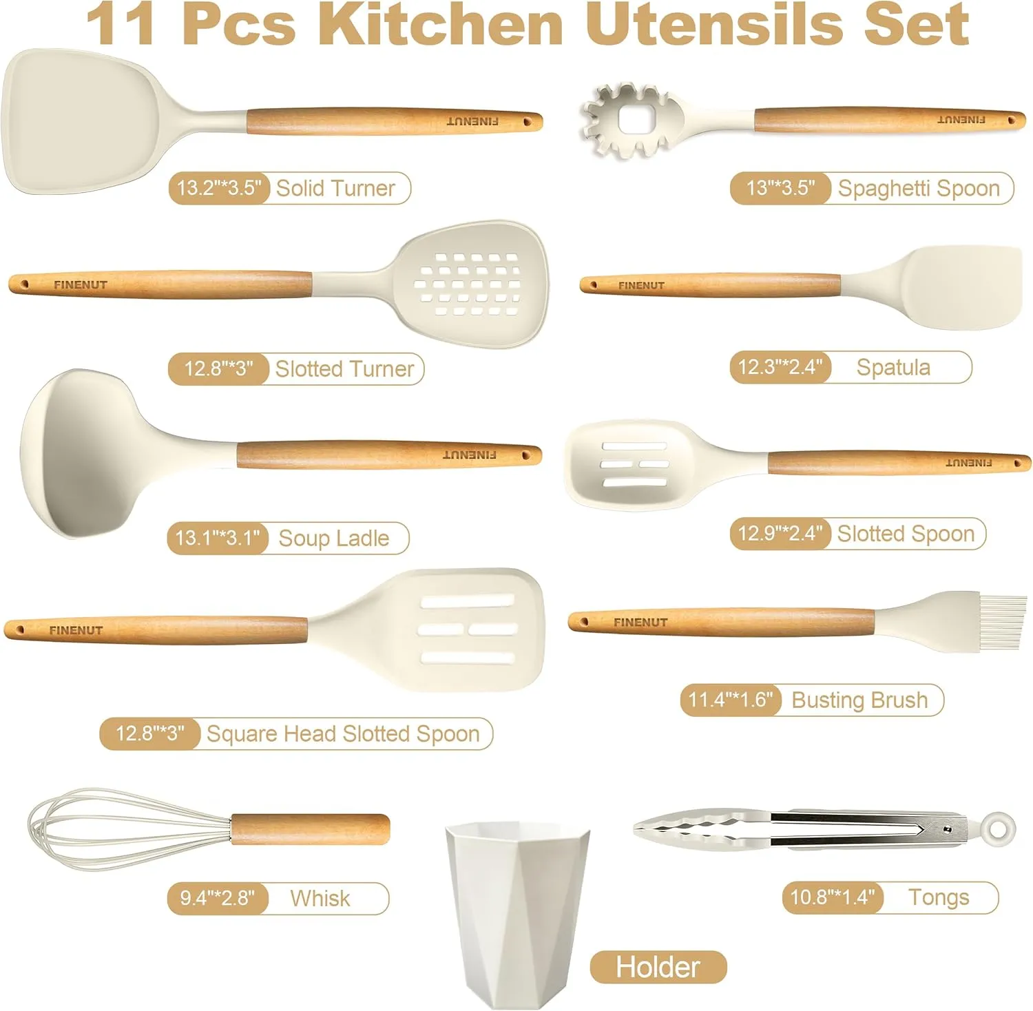 Silicone Cooking Utensils Set 11PCS - BPA-Free & Non-Toxic 446°F Heat Resistant, Wooden Handle Kitchen Tools for Nonstick Cookware, Heat Resistant & Scratch-Proof Includes Spatula/Turner/Ladle (White)
