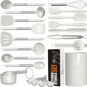 Silicone Cooking Utensils Set - Heat Resistant Kitchen Utensils Sets,Spatula,Spoon,Turner Tongs,Brush,Whisk,Stainless Steel Silicone Cooking Utensil for Nonstick Cookware Dishwasher Safe (Cream White)