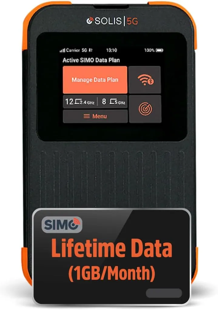 SIMO Solis 5G WiFi Mobile Hotspot Device, Portable WiFi for Travel in 140  Countries, No SIM Card, No Contract Required, Multi-Carrier Network, 16 Devices, 1GB/Month Lifetime Data