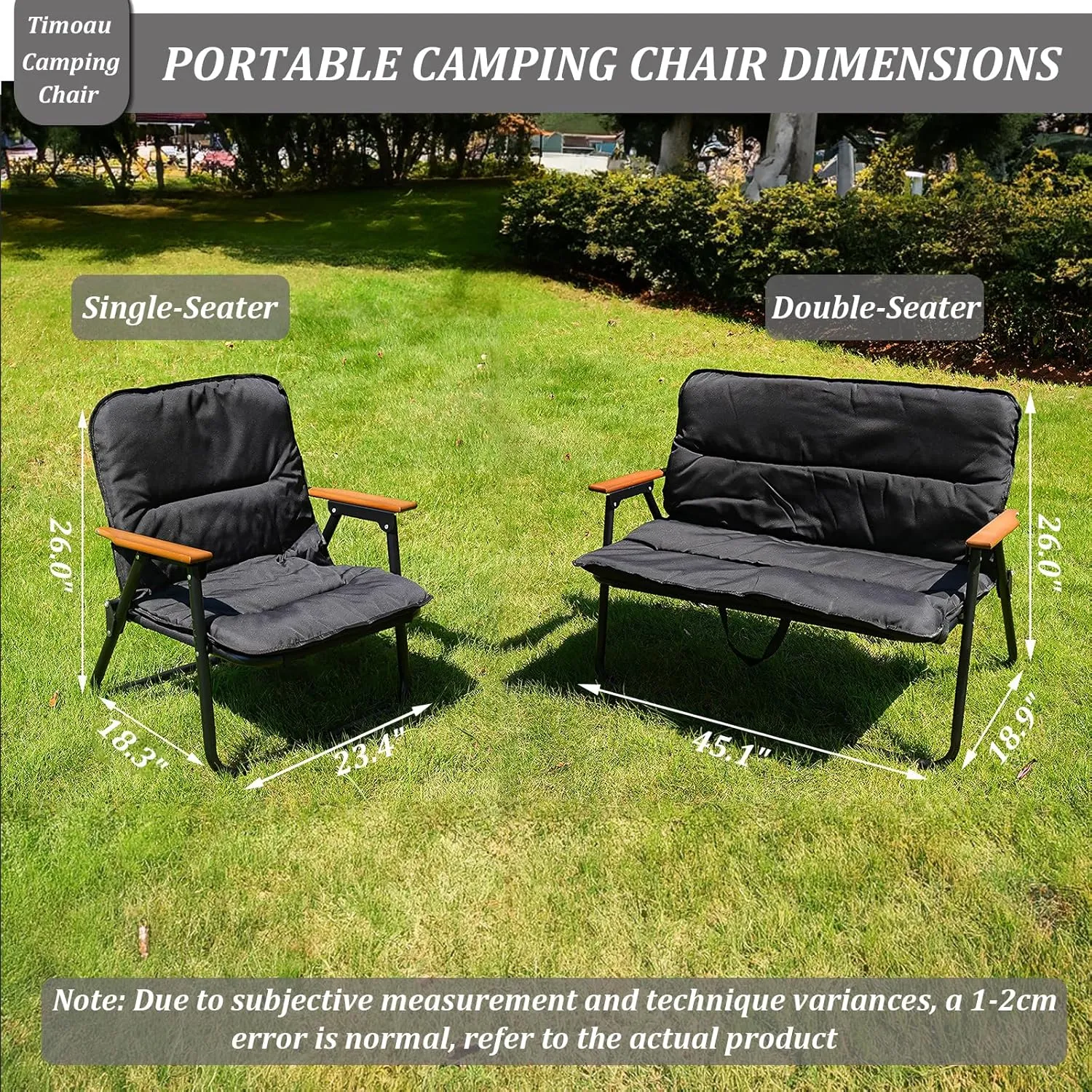 Single Person Lawn Chair with Wood Armrest, Portable Folding Camping Chair for Beach, Travel, Hiking, Patio, Black