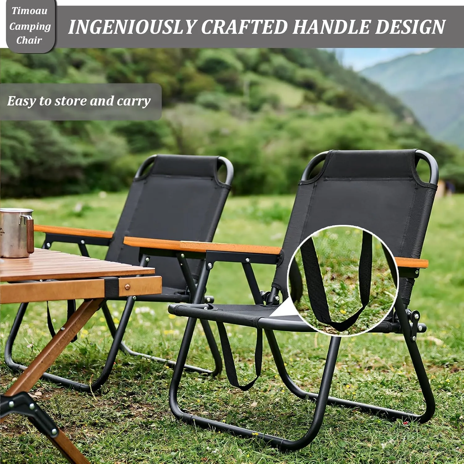 Single Person Lawn Chair with Wood Armrest, Portable Folding Camping Chair for Beach, Travel, Hiking, Patio, Black
