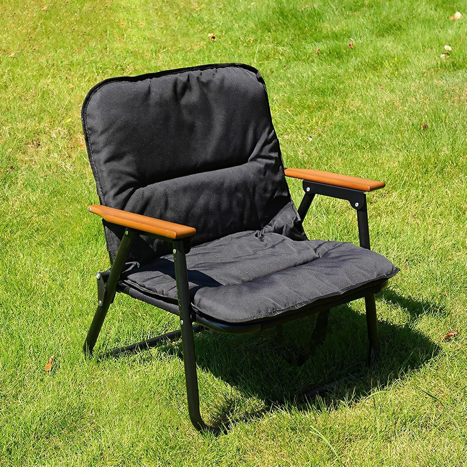 Single Person Lawn Chair with Wood Armrest, Portable Folding Camping Chair for Beach, Travel, Hiking, Patio, Black