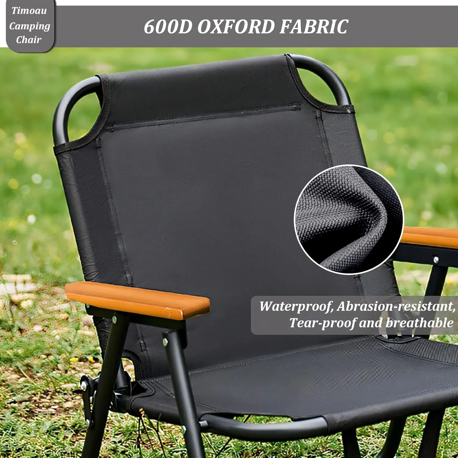 Single Person Lawn Chair with Wood Armrest, Portable Folding Camping Chair for Beach, Travel, Hiking, Patio, Black