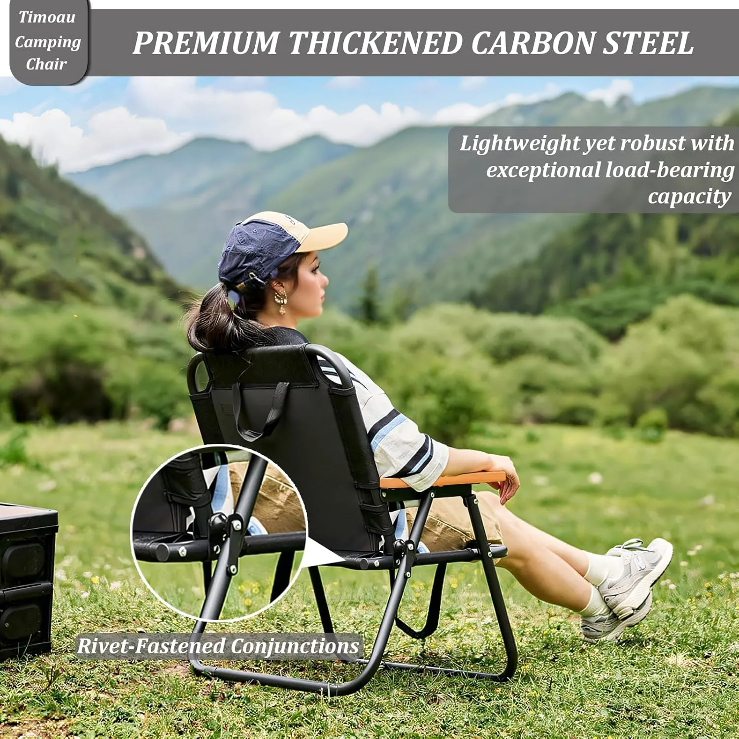 Single Person Lawn Chair with Wood Armrest, Portable Folding Camping Chair for Beach, Travel, Hiking, Patio, Black