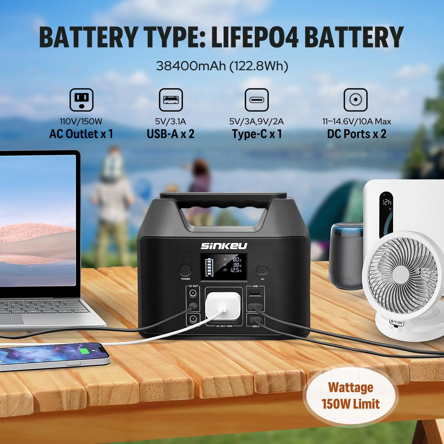 SinKeu Power Bank Station (38,400mAh), 128Wh Portable Power Station, LiFePO4 Battery, 200W Peak Solar Generator for Outdoor Camping, RV Traveling and Hurricane Emergency- Black