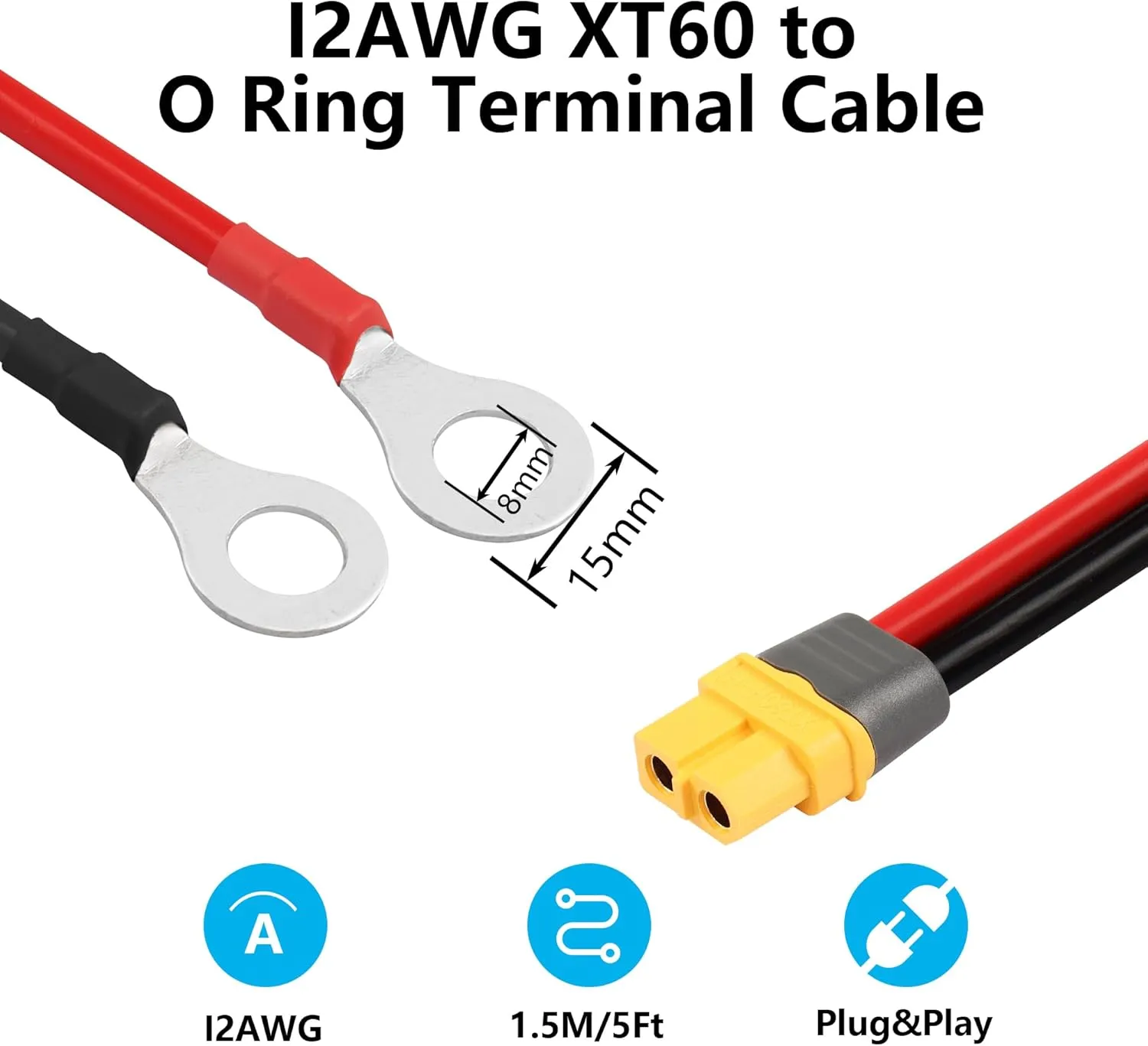 SinLoon XT60 to O Ring Terminal Cable 12AWG 59inch XT60H Female to O-Ring Connector Cord for RC Aircraft Toy Cars Lipo Battery FPV Racing Drone (1.5M/5Ft-F)