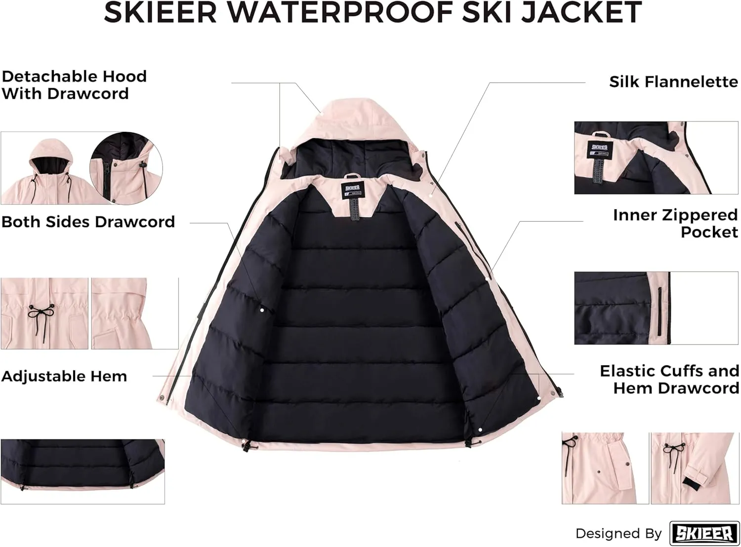 Skieer Women's Waterproof Ski Jacket Hooded Fleece Winter Jacket Warm Snow Coat