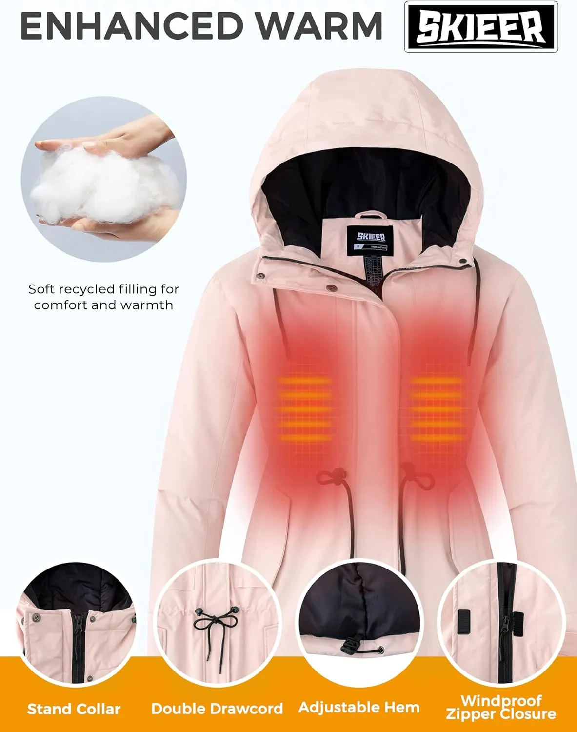 Skieer Women's Waterproof Ski Jacket Hooded Fleece Winter Jacket Warm Snow Coat