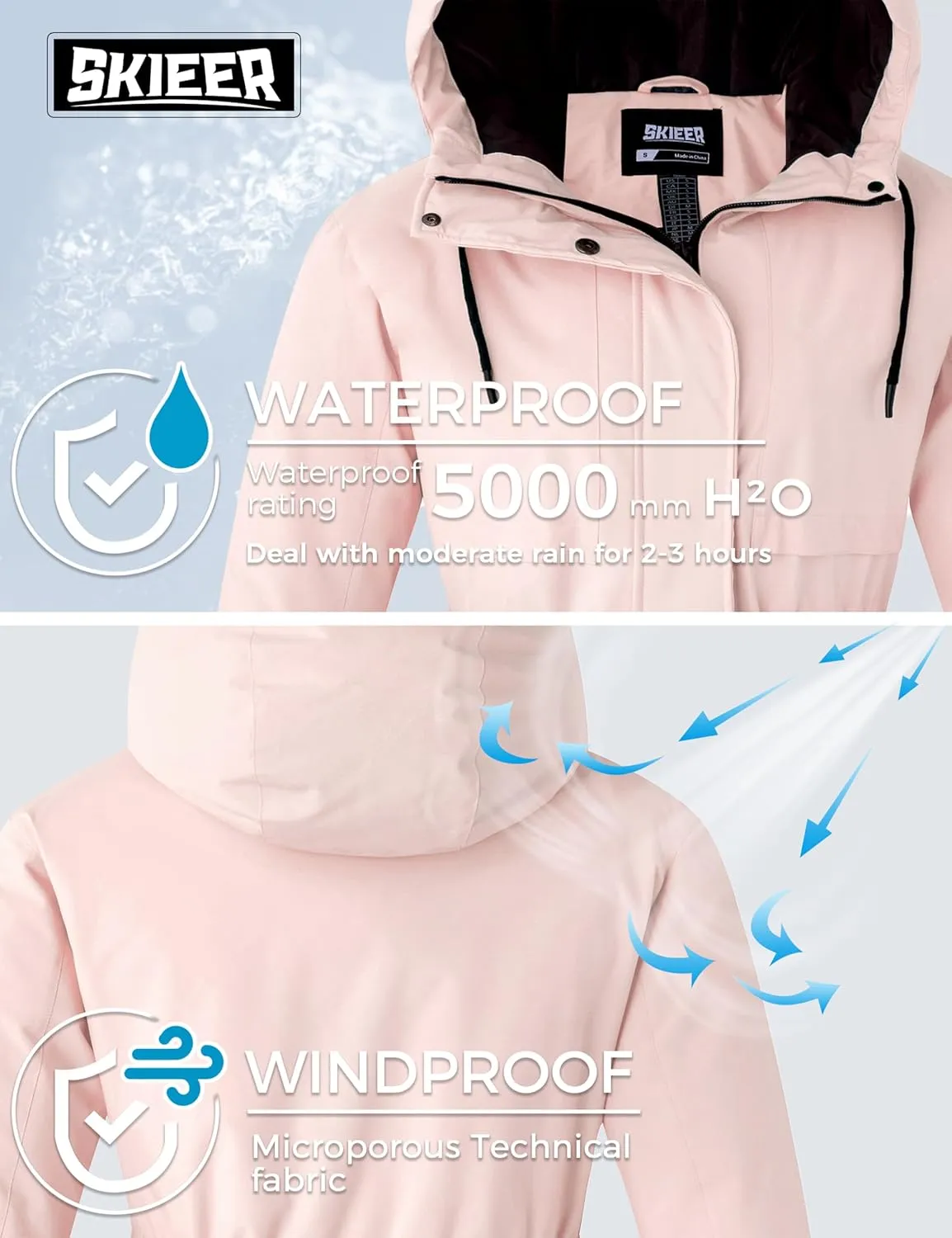 Skieer Women's Waterproof Ski Jacket Hooded Fleece Winter Jacket Warm Snow Coat