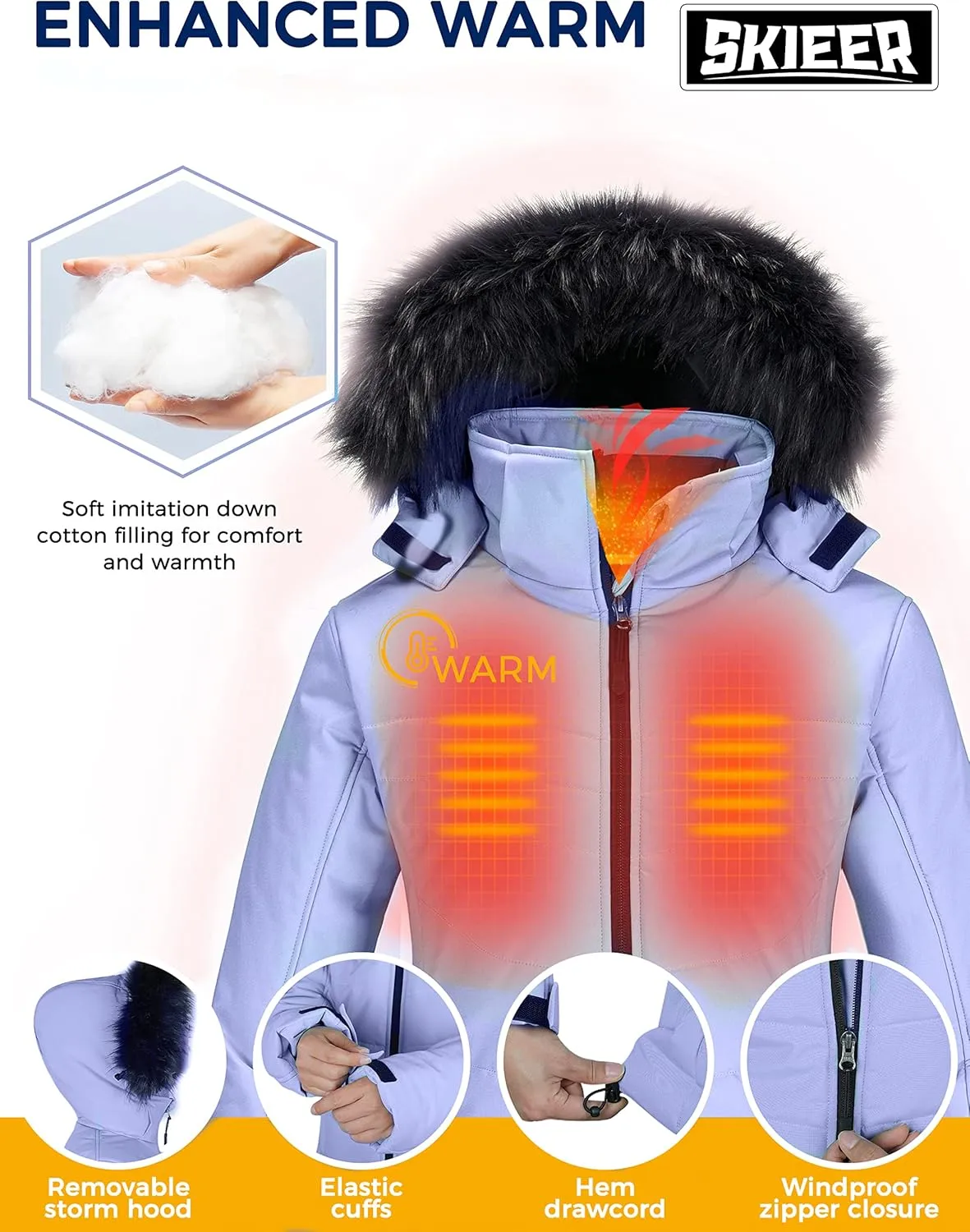 Skieer Women's Waterproof Ski Jacket Warm Puffer Jacket Thick Hooded Winter Coat