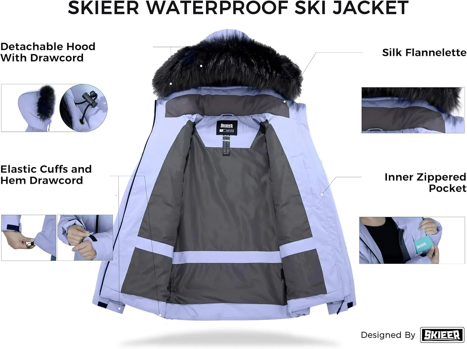 Skieer Women's Waterproof Ski Jacket Warm Puffer Jacket Thick Hooded Winter Coat