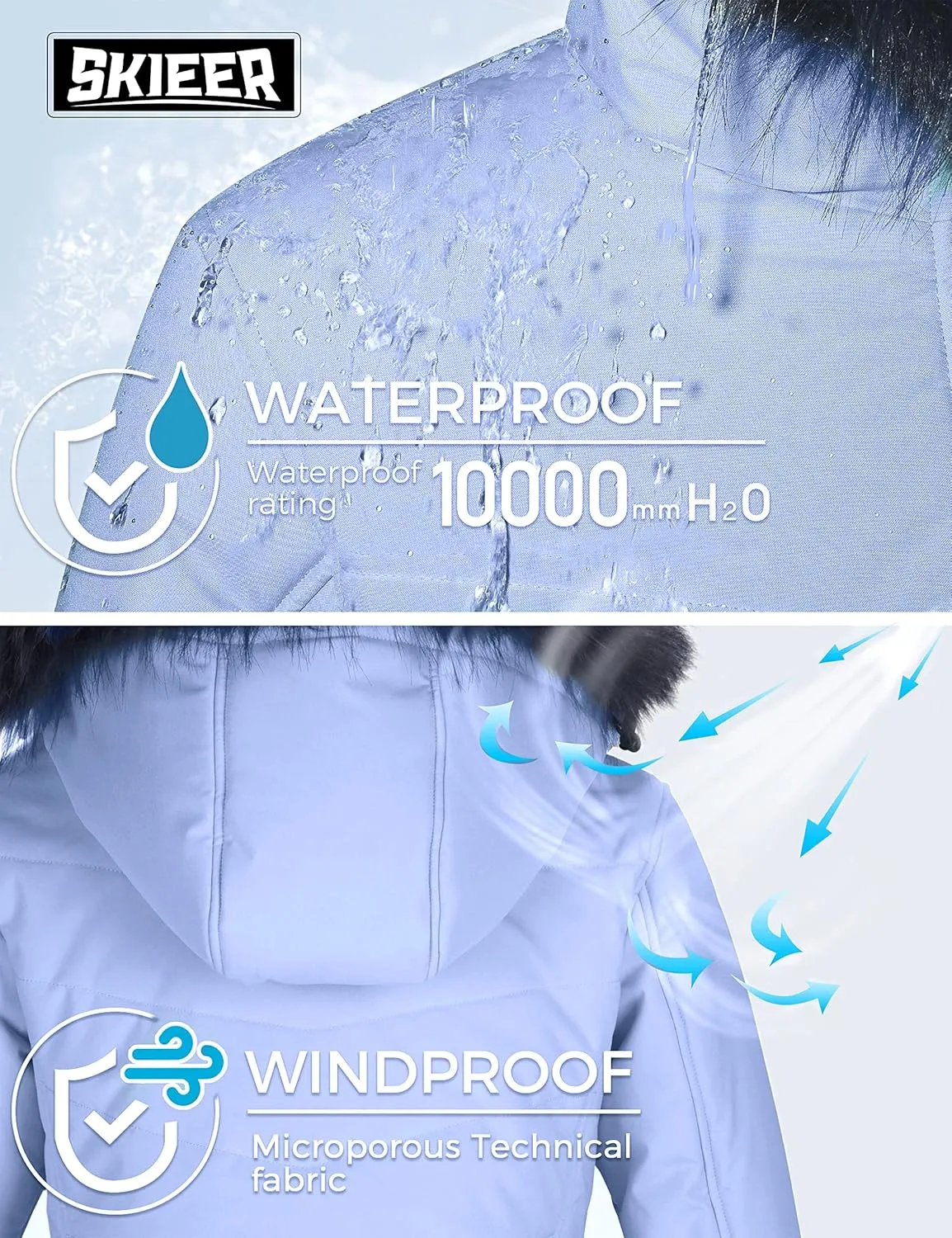 Skieer Women's Waterproof Ski Jacket Warm Puffer Jacket Thick Hooded Winter Coat