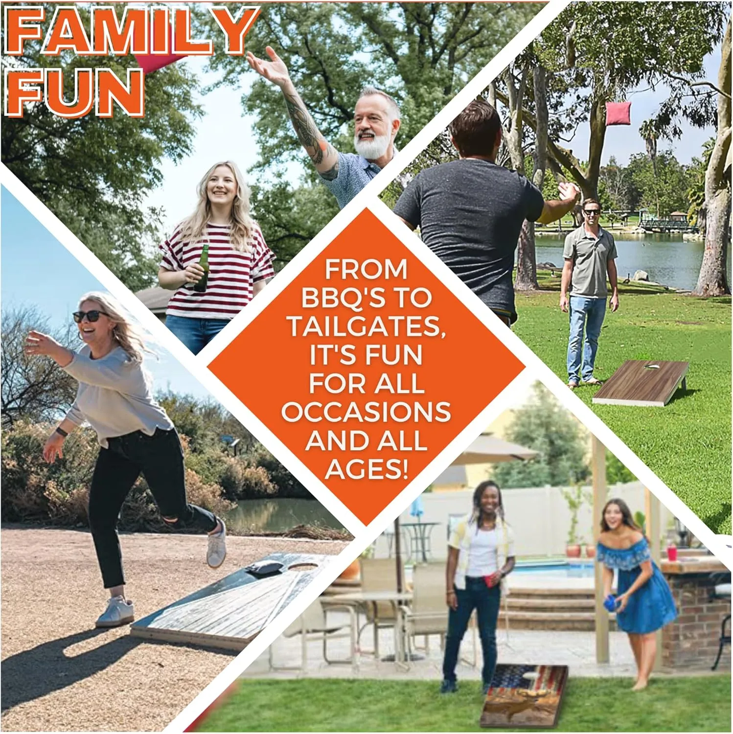 Skip's Garage All-Weather Cornhole Boards | Retro Orange Curved Design | ACA Regulation Corn Hole Game Set