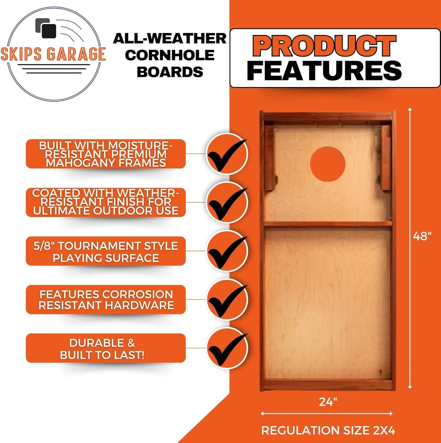 Skip's Garage All-Weather Cornhole Boards | Retro Orange Curved Design | ACA Regulation Corn Hole Game Set