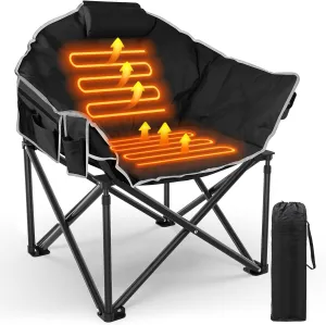 Slendor Heated Camping Chair Oversized, Portable Heated Chair Outdoor Sports with Backrest, High Back, Pillow, 3 Heat Levels, Folding Lawn Patio Lounge Chair, Supports 440 lbs
