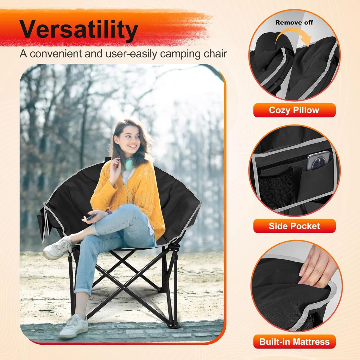 Slendor Heated Camping Chair Oversized, Portable Heated Chair Outdoor Sports with Backrest, High Back, Pillow, 3 Heat Levels, Folding Lawn Patio Lounge Chair, Supports 440 lbs