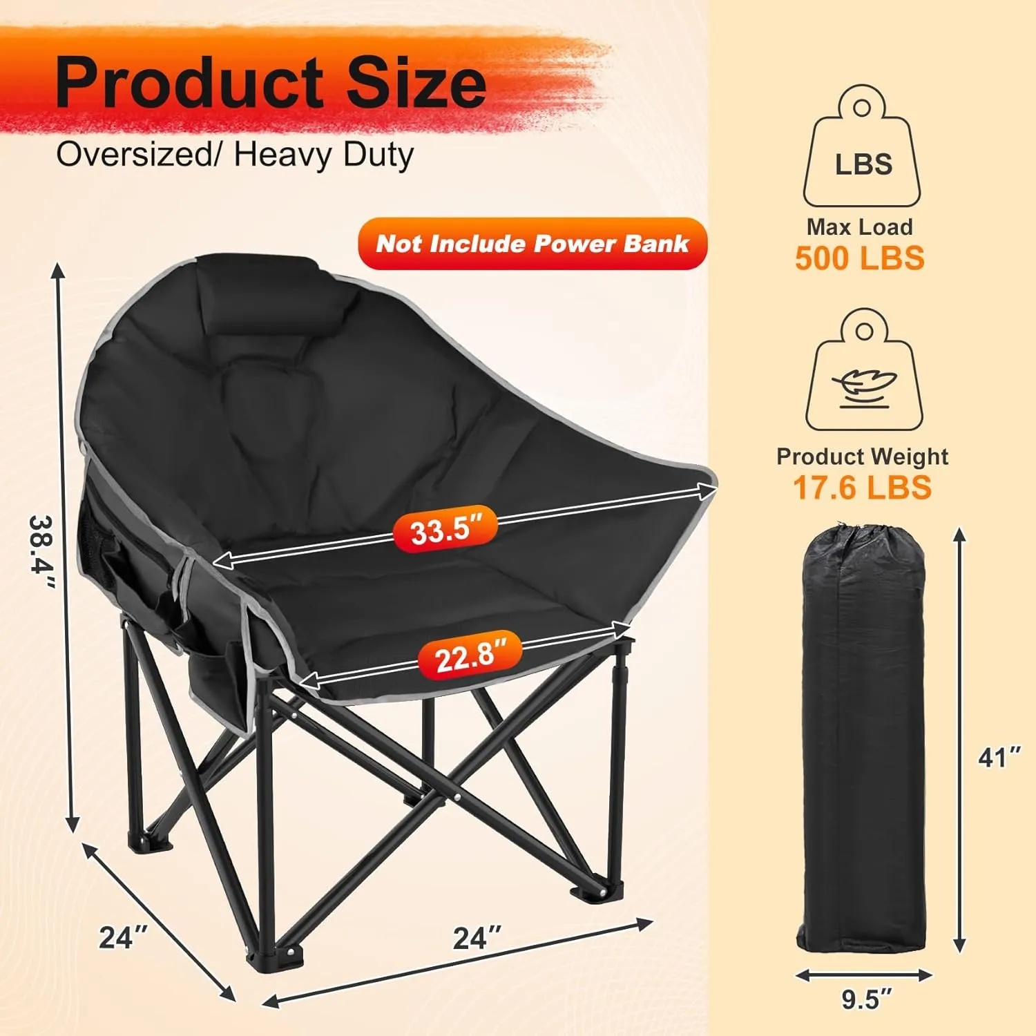 Slendor Heated Camping Chair Oversized, Portable Heated Chair Outdoor Sports with Backrest, High Back, Pillow, 3 Heat Levels, Folding Lawn Patio Lounge Chair, Supports 440 lbs