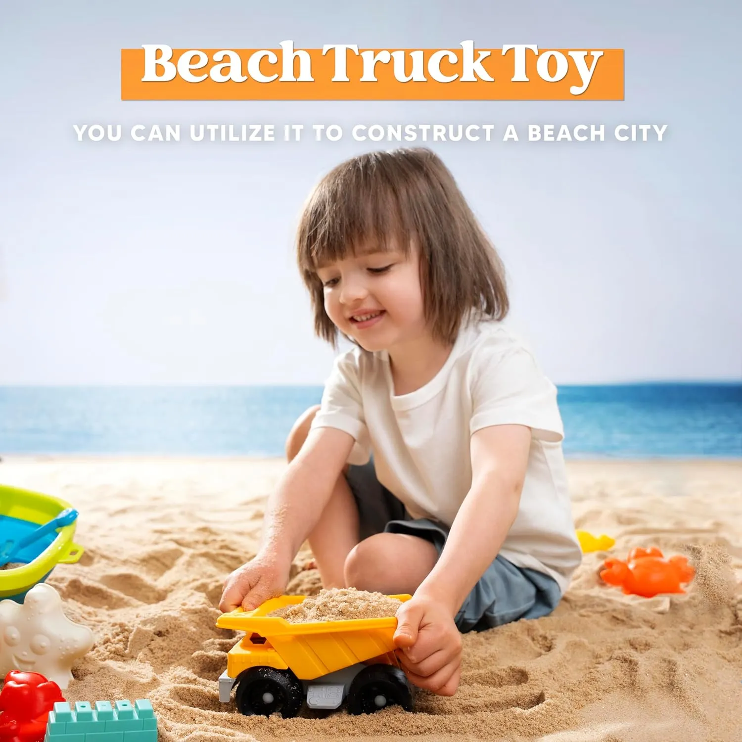 Sloosh Beach Sand Toys Set - Dump Truck Car Toy with Sand Molds for Toddlers Outdoor Play, Collapsible Foldable Buckets Mesh Bag Shovels Castle Animal Mold Sets, Kids Ages Sandbox Toys (Animals)