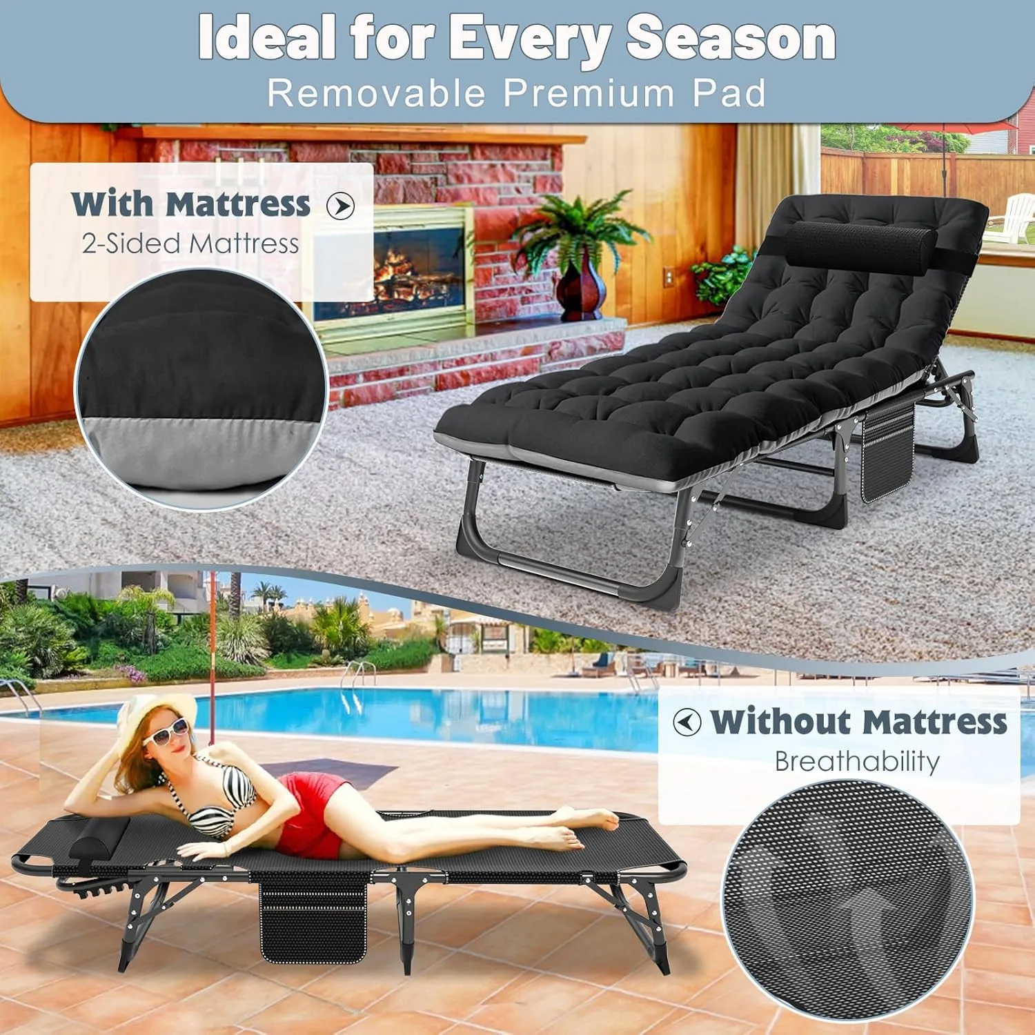 Slsy Sleeping Cots for Adults, 5-Position Folding Chaise Lounge Chairs Outdoor, Portable Folding Bed Cot Lounge Chair for Beach Lawn Camping Pool Sun Tanning