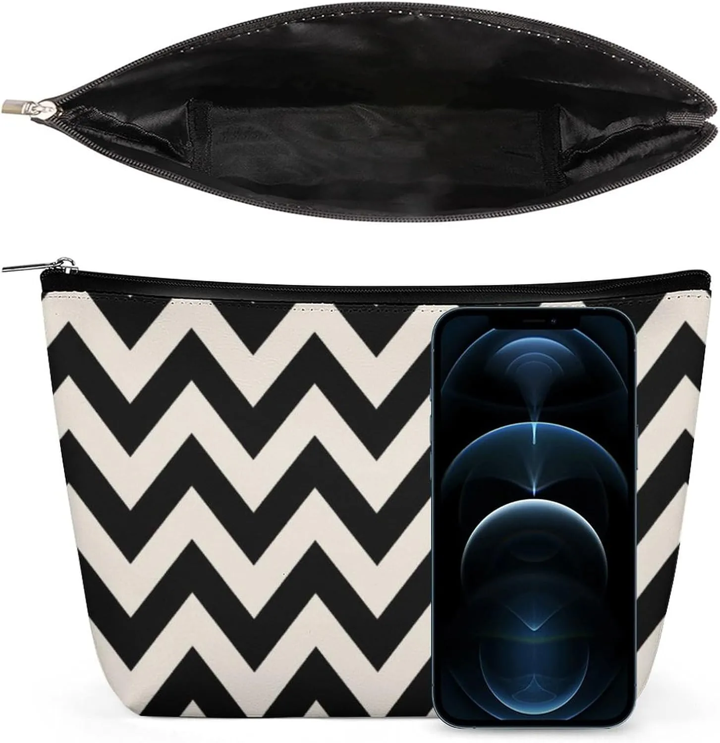 Small Cosmetic Bag, Black and Cream White Chevron Makeup Bags Elegant Roomy Pouch for Women,Travel Toiletry Accessories Organizer