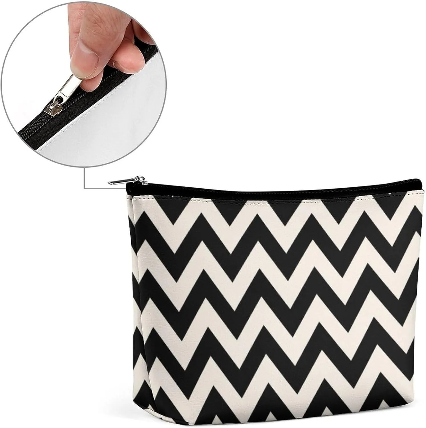 Small Cosmetic Bag, Black and Cream White Chevron Makeup Bags Elegant Roomy Pouch for Women,Travel Toiletry Accessories Organizer