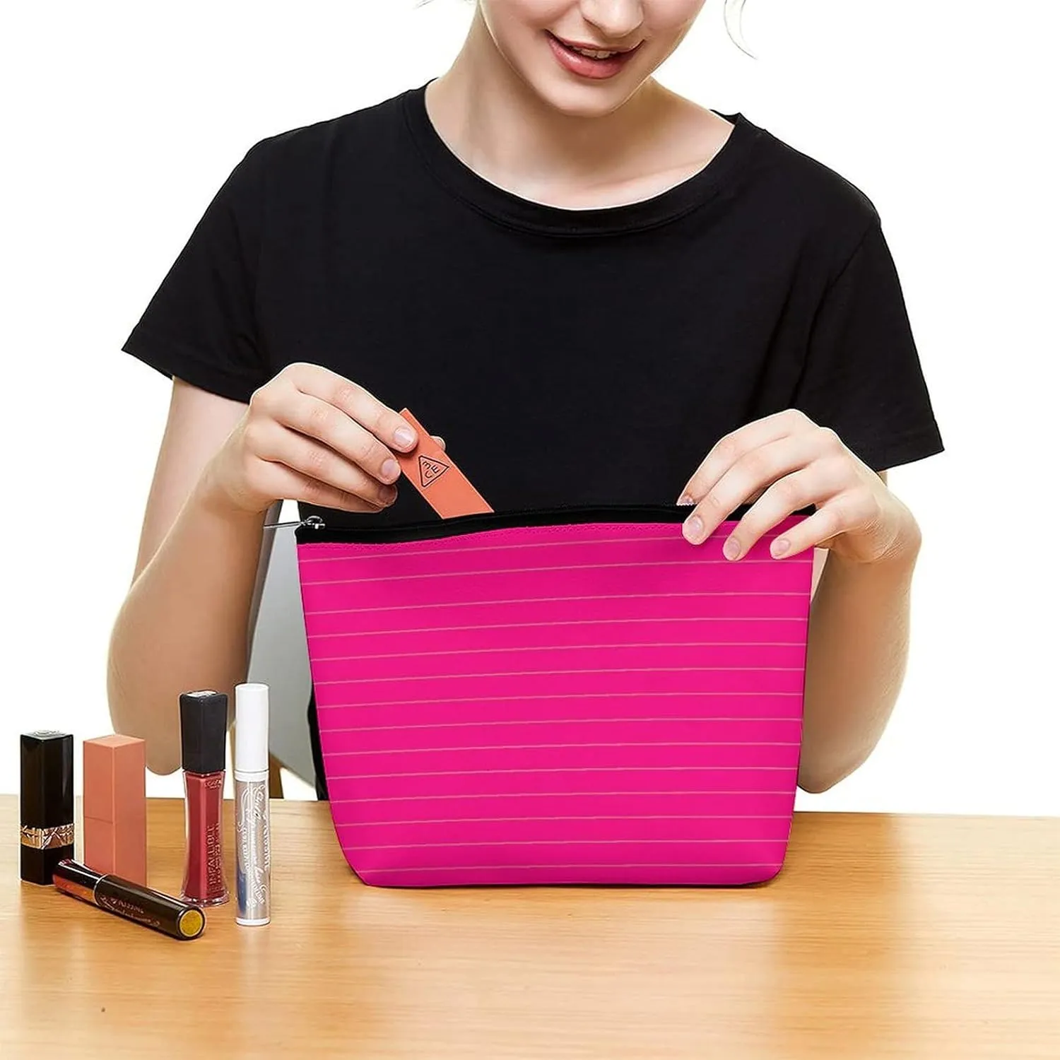 Small Cosmetic Bag, Pink Silver Gold Horizontal Stripes Makeup Bags Elegant Roomy Pouch for Women,Travel Toiletry Accessories Organizer