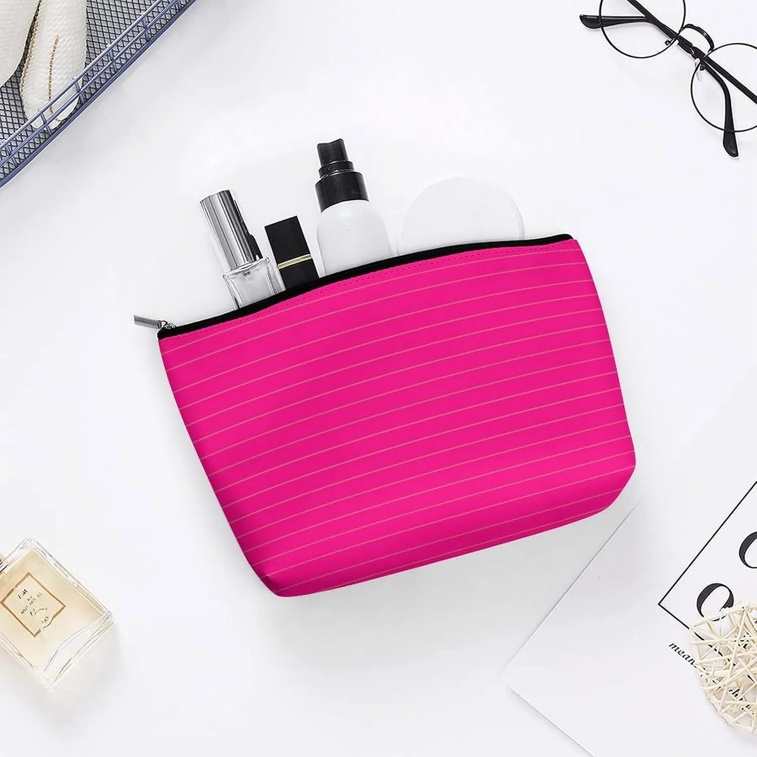 Small Cosmetic Bag, Pink Silver Gold Horizontal Stripes Makeup Bags Elegant Roomy Pouch for Women,Travel Toiletry Accessories Organizer