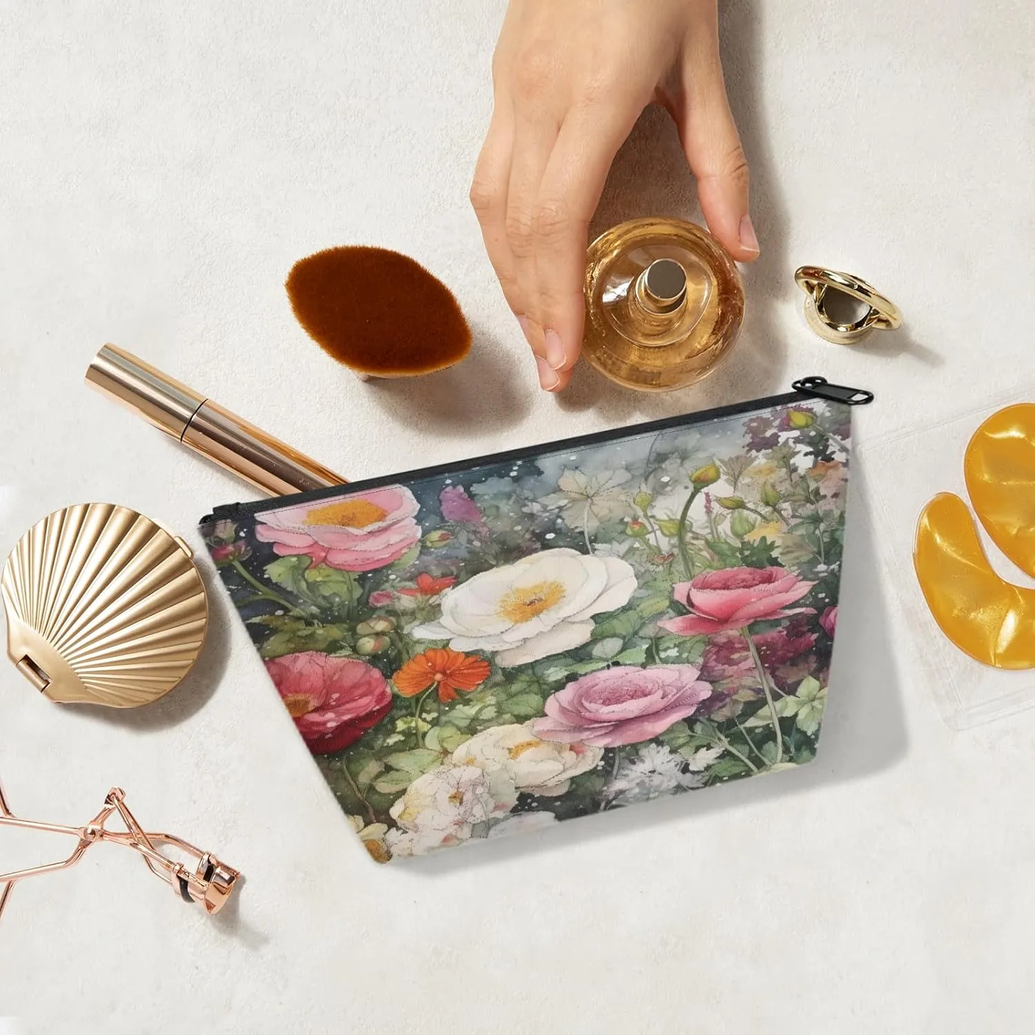 Small Travel Makeup Bag for Purse, Cute Cosmetic Bag for Women, Make Up Pouch, Rose Flowers Makeup Brush Organizer Bags, Watercolor Wild Flowers Skincare Toiletry Bag