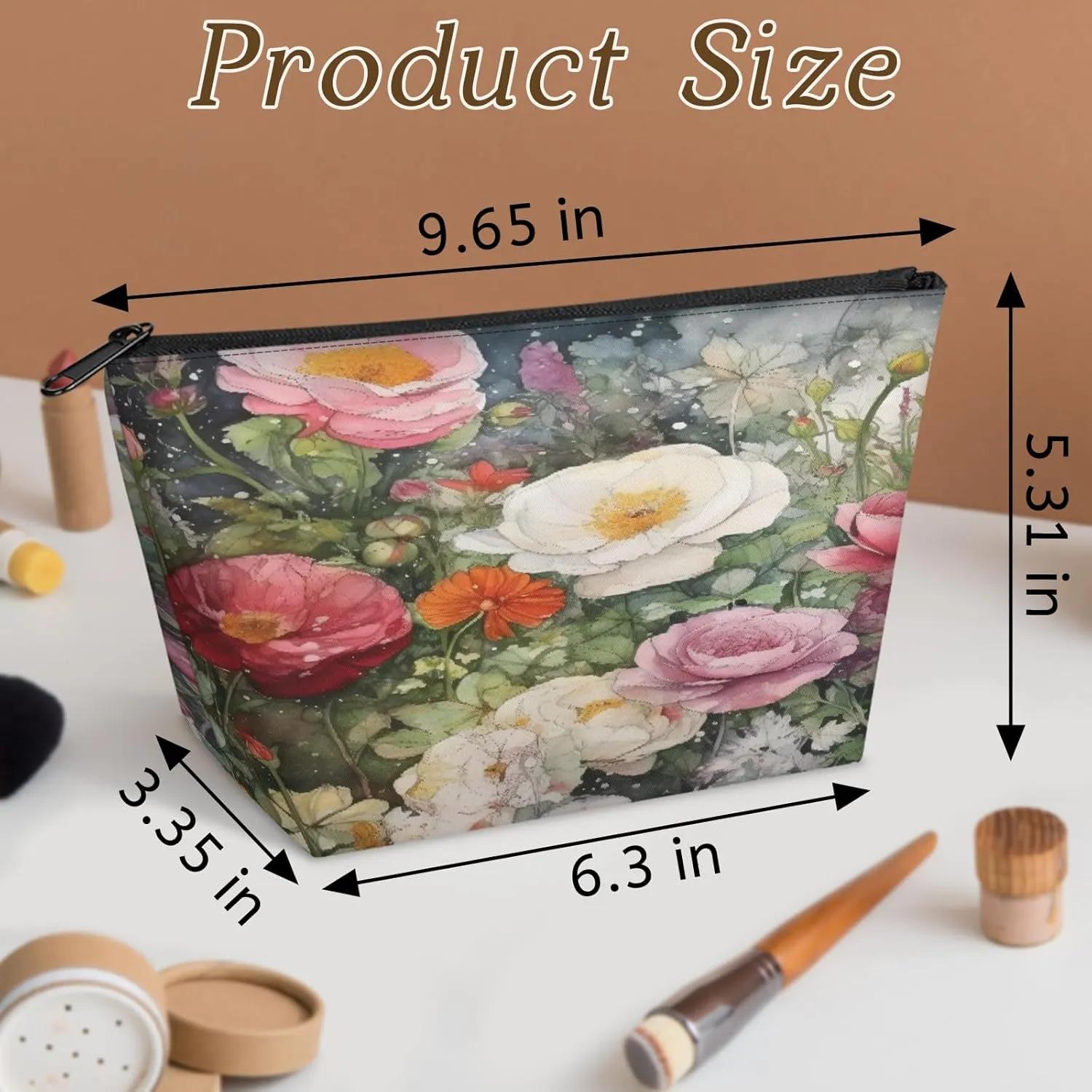 Small Travel Makeup Bag for Purse, Cute Cosmetic Bag for Women, Make Up Pouch, Rose Flowers Makeup Brush Organizer Bags, Watercolor Wild Flowers Skincare Toiletry Bag