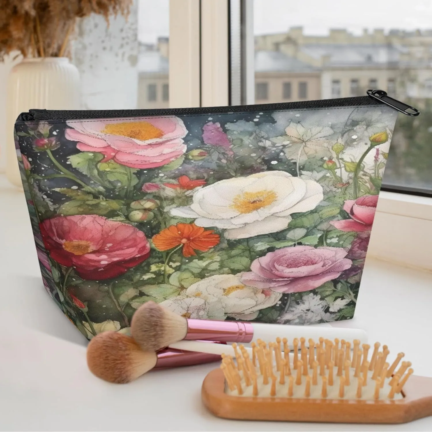 Small Travel Makeup Bag for Purse, Cute Cosmetic Bag for Women, Make Up Pouch, Rose Flowers Makeup Brush Organizer Bags, Watercolor Wild Flowers Skincare Toiletry Bag