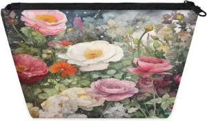 Small Travel Makeup Bag for Purse, Cute Cosmetic Bag for Women, Make Up Pouch, Rose Flowers Makeup Brush Organizer Bags, Watercolor Wild Flowers Skincare Toiletry Bag