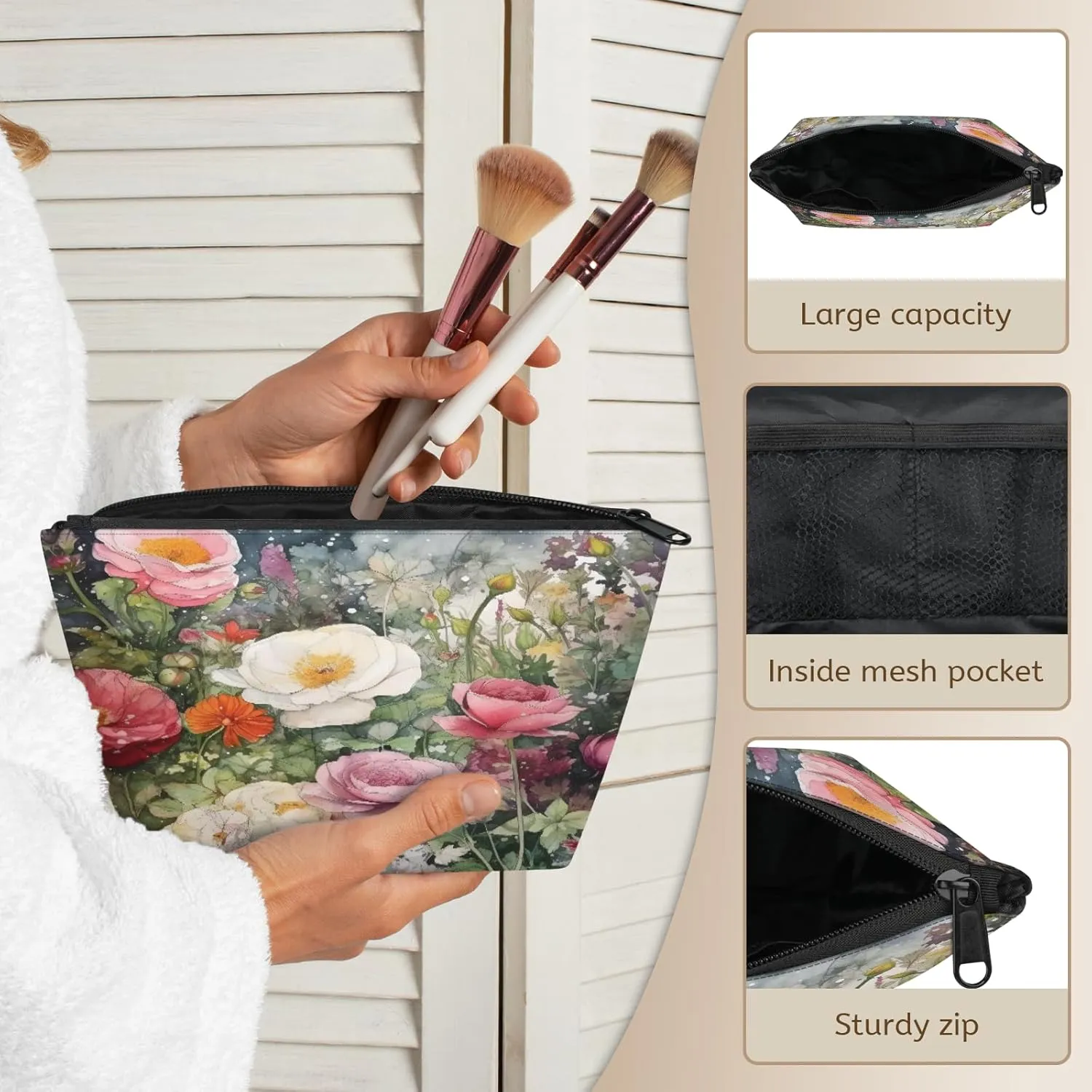 Small Travel Makeup Bag for Purse, Cute Cosmetic Bag for Women, Make Up Pouch, Rose Flowers Makeup Brush Organizer Bags, Watercolor Wild Flowers Skincare Toiletry Bag