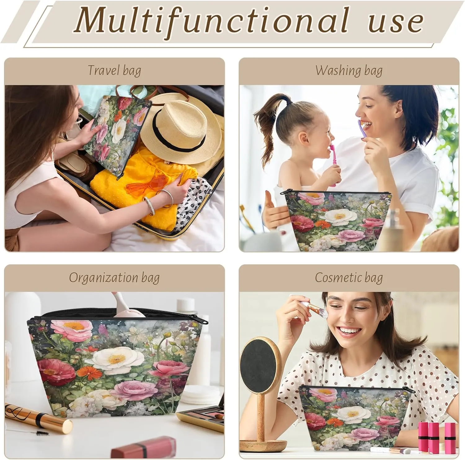 Small Travel Makeup Bag for Purse, Cute Cosmetic Bag for Women, Make Up Pouch, Rose Flowers Makeup Brush Organizer Bags, Watercolor Wild Flowers Skincare Toiletry Bag