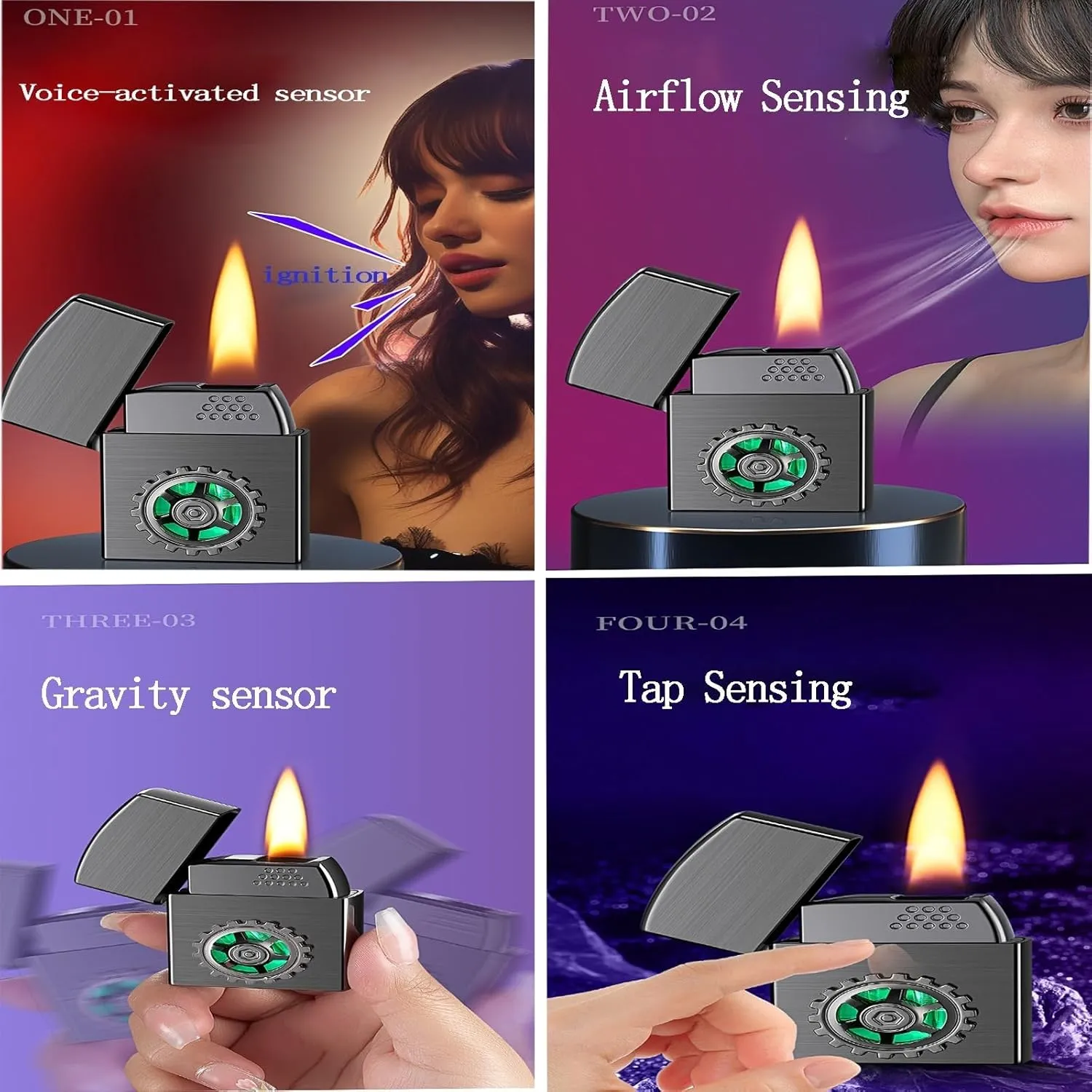 Smart Lighter with 4 Ignition Modes, Rechargeable, Voice Activated, Soft Flame Butane lighters, Gear Turntable (Fuel not Included)(Black 3)