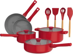 So Yummy by bella 12 Piece Cookware Set w EverGood™ Ceramic Nonstick Coating​ and Silicone & Wood Utensils, Dishwasher Safe Silicone & Glass Lids, Oven Safe & All Stovetop Compatible, Red