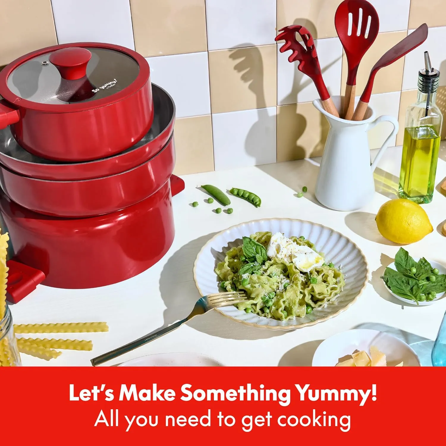 So Yummy by bella 12 Piece Cookware Set w EverGood™ Ceramic Nonstick Coating​ and Silicone & Wood Utensils, Dishwasher Safe Silicone & Glass Lids, Oven Safe & All Stovetop Compatible, Red