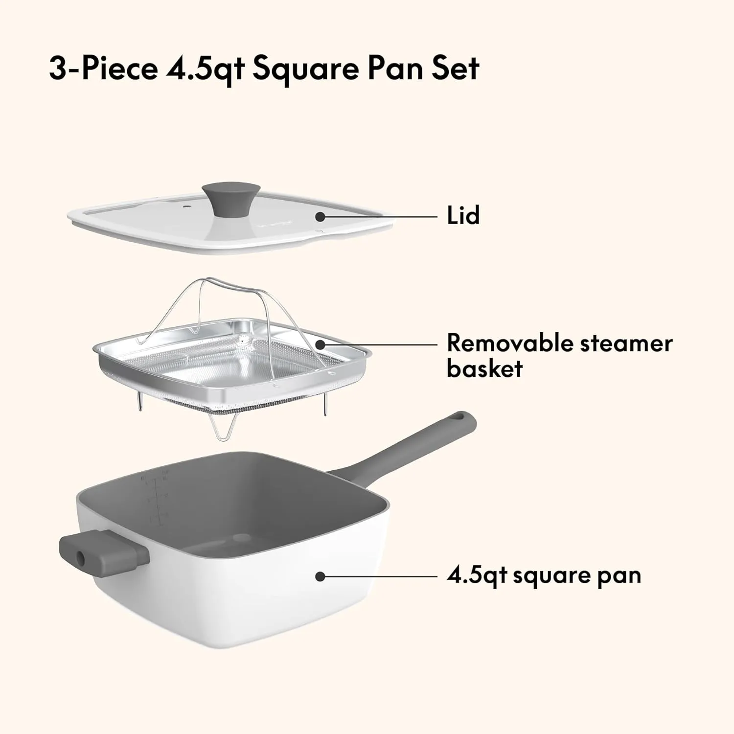 So Yummy by bella 3 Piece Square Pan Set, Aluminum Cookware Set w EverGood™ Ceramic Nonstick Coating​, Dishwasher Safe Silicone & Glass Lids, Oven Safe & All Stovetop Compatible, 4.5Qt, Frost