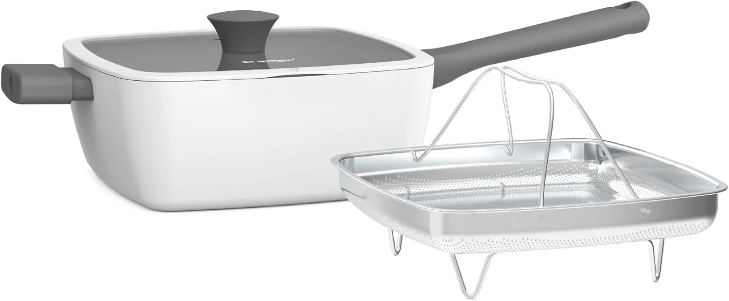 So Yummy by bella 3 Piece Square Pan Set, Aluminum Cookware Set w EverGood™ Ceramic Nonstick Coating​, Dishwasher Safe Silicone & Glass Lids, Oven Safe & All Stovetop Compatible, 4.5Qt, Frost