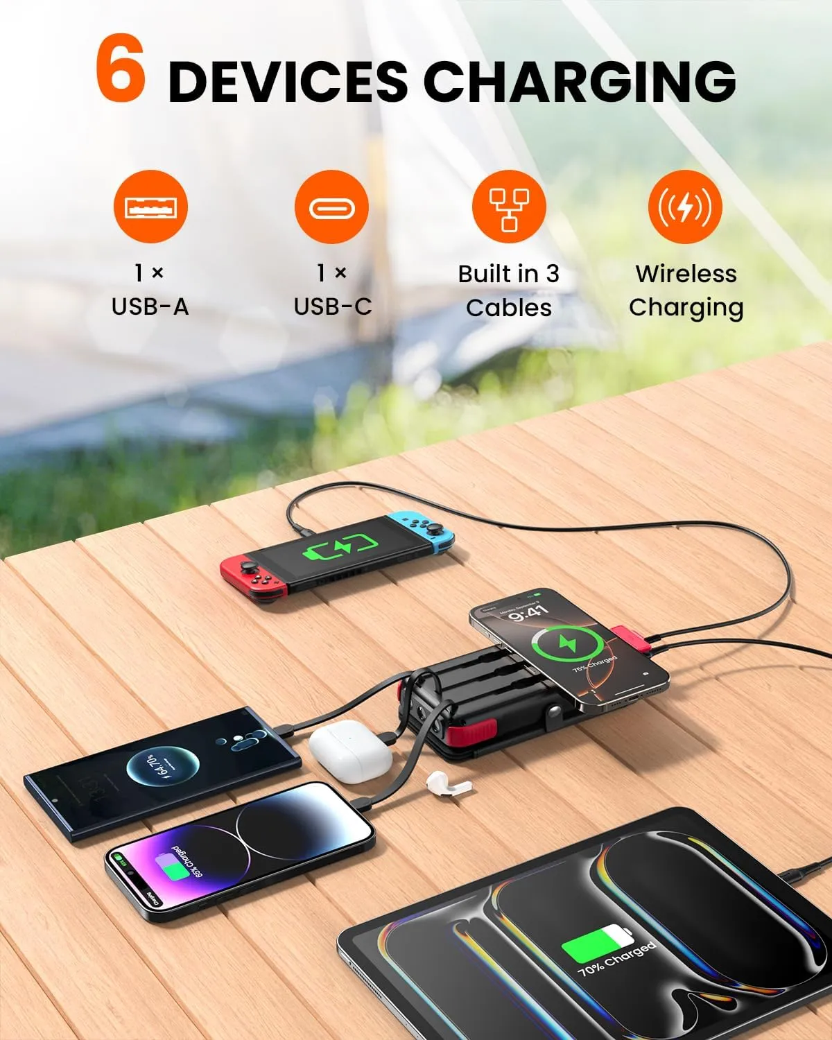 SOARAISE Solar Charger 25000mAh Wireless Portable Charger, 20W Fast Charging Power Bank with Built-in 3 Cables, PD QC 3.0 Phone Battery Pack with 4 Solar Panels & Flashlights for Camping (Red)