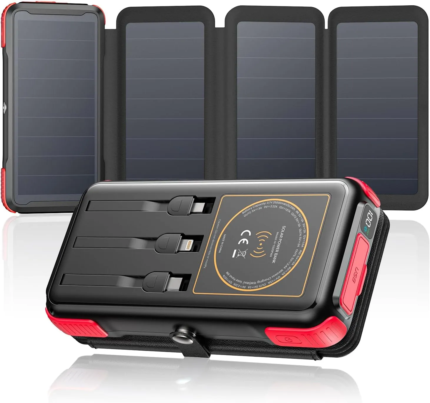 SOARAISE Solar Charger 25000mAh Wireless Portable Charger, 20W Fast Charging Power Bank with Built-in 3 Cables, PD QC 3.0 Phone Battery Pack with 4 Solar Panels & Flashlights for Camping (Red)